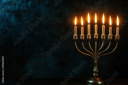 A Lit Menorah on a Dark Background