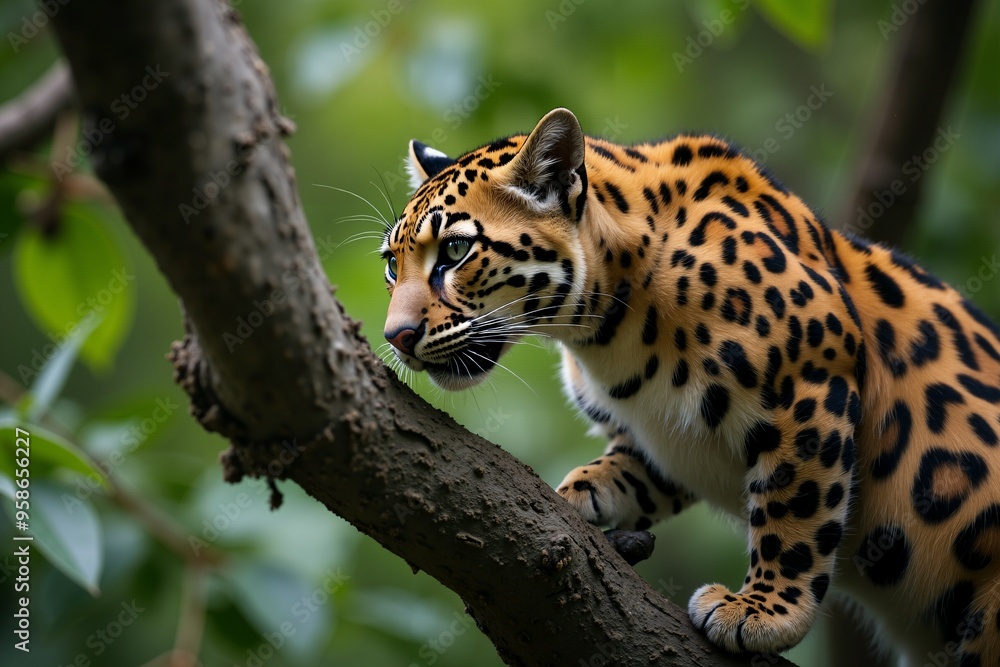 Fototapeta premium Ocelot on a Tree Branch in a Lush Green Forest. Wild Life.