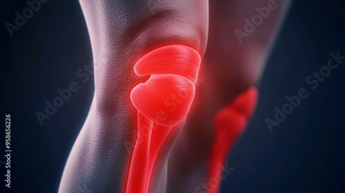 Glowing red knee pain, tendons detailed, flat design illustration photo