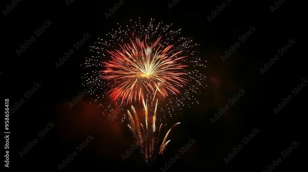 Bright red and yellow fireworks exploding in the night sky Bright red and yellow fireworks exploding in the night sky