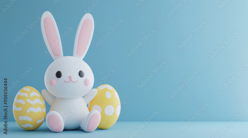 Cute white bunny figurine with pink ears, sitting between two decorated Easter eggs against a solid blue background. Perfect for Easter-themed designs. Cute white bunny figurine with pink ears, sitting between two decorated Easter eggs against a solid blue background. Perfect for Easter-themed designs.