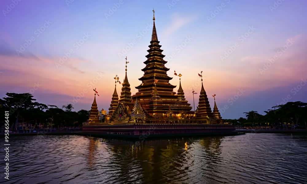 Golden Pagoda Reflecting in the Lake at Sunset