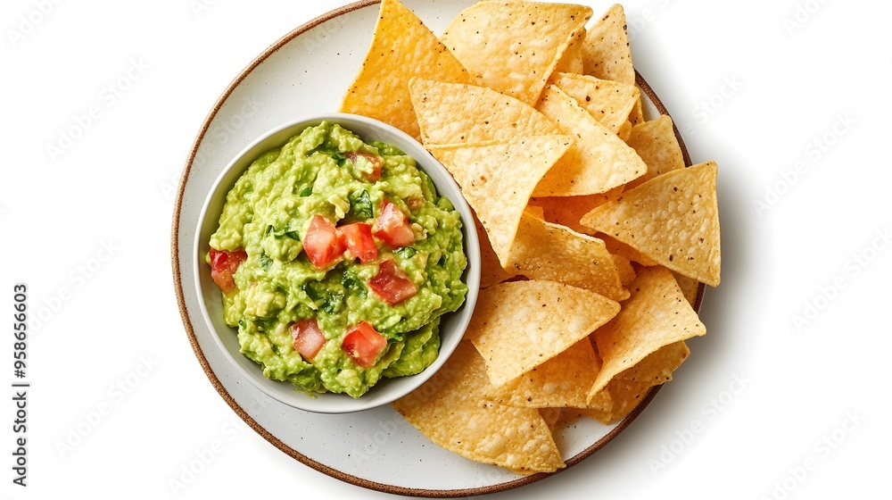 Fresh guacamole and crunchy tortilla chips on a white plate Fresh guacamole and crunchy tortilla chips on a white plate