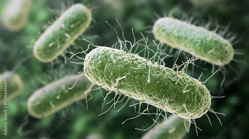 A highly detailed and realistic close-up of this bacteria: **Escherichia coli O157:H7** - A pathogenic strain of E. coli causing severe foodborne illness. A highly detailed and realistic close-up of this bacteria: **Escherichia coli O157:H7** - A pathogenic strain of E. coli causing severe foodborne illness.