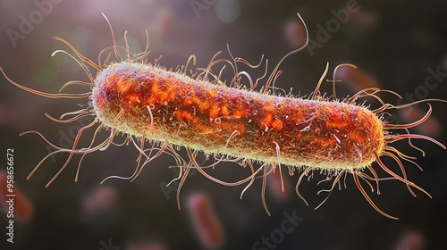 A highly detailed and realistic close-up of this bacteria: **Escherichia coli O157:H7** - A pathogenic strain of E. coli causing severe foodborne illness.