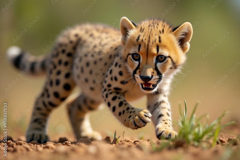 Cheetah Cub Running Towards the Camera. Wild Life. Cheetah Cub Running Towards the Camera. Wild Life.