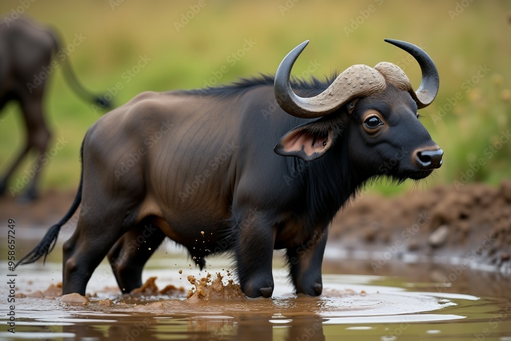 Obraz premium Wild African Buffalo Bull Wading in Water. Wild Life.