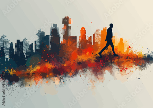 Abstract Businessman Walking Through Illuminated Cityscape, Path to Success, Creative Vector Art, Surreal Night Journey