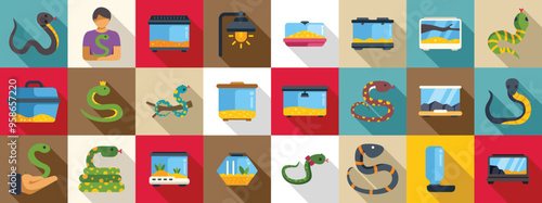 Snake pet icons set. Man holding snake in hands with terrarium and accessories icons set in flat style with long shadow