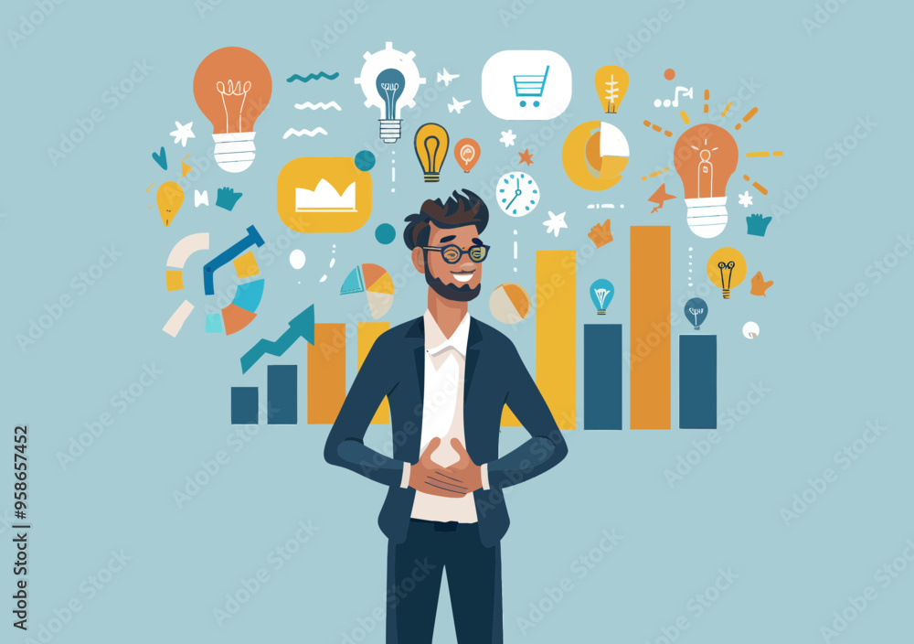 Young manager explaining business idea concept with infographics and charts, vector illustration of business plan development, from idea to profit, minimalistic business presentation at daytime Young manager explaining business idea concept with infographics and charts, vector illustration of business plan development, from idea to profit, minimalistic business presentation at daytime
