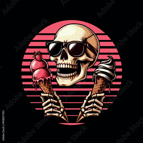 funny vector design t-shirt streetwear skeleton eating ice cream
