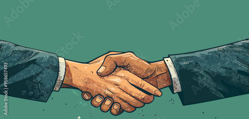 Business Agreement with Handshake Illustration: Signed Contract, Finance Deal, Partnership Success, Conceptual Vector Art