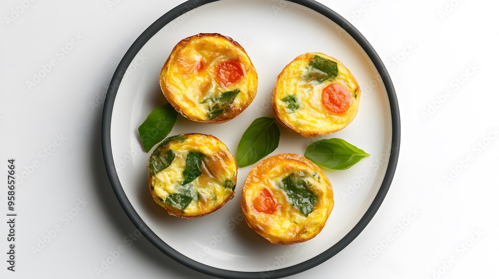 Fresh mini quiches with spinach and cherry tomatoes on a white plate Fresh mini quiches with spinach and cherry tomatoes on a white plate