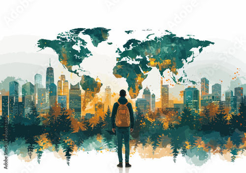 Businessman Exploring Global Investment Opportunities in Urban Skyline with World Map Background, Business Concept Illustration, Minimalistic Style