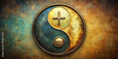 Intricate illustration of harmonious yin-yang symbol overlaid with a stylized Christian cross, blending Eastern photo