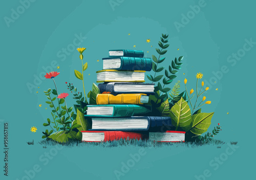 Stack of Books Surrounded by Lush Greenery and Flowers in Minimalistic Vector Illustration Depicting Journey of Knowledge and Education