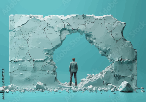 Corporate Breakthrough Concept: Businessman Stands Before Large Hole in Cracked Wall, Minimalistic Vector Illustration, Overcoming Challenges and Barriers