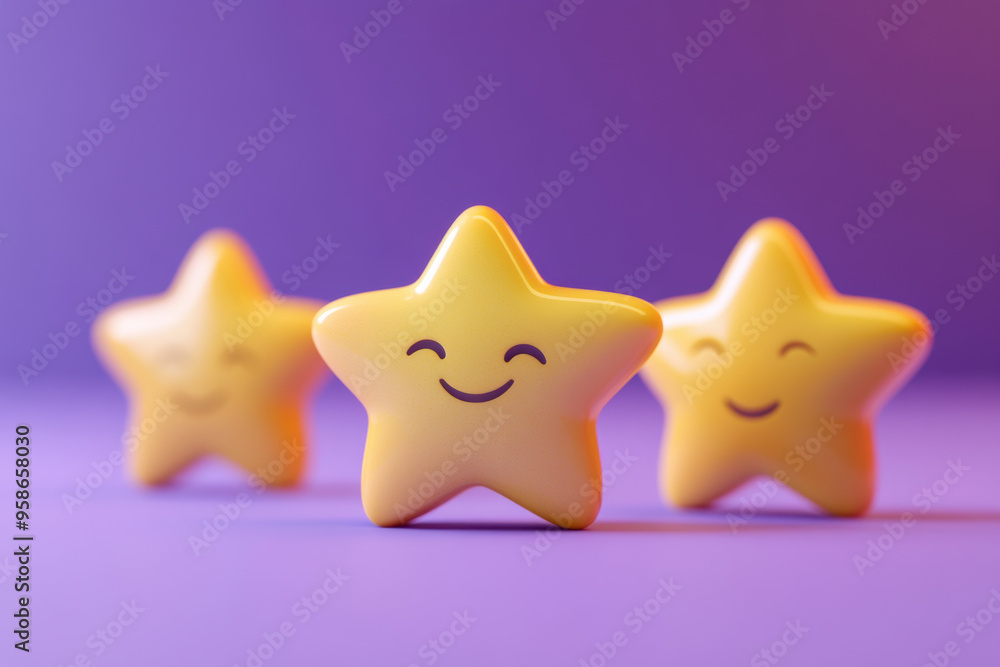 Three smiling yellow star-shaped characters in a row against a purple background, conveying happiness and positivity. Three smiling yellow star-shaped characters in a row against a purple background, conveying happiness and positivity.
