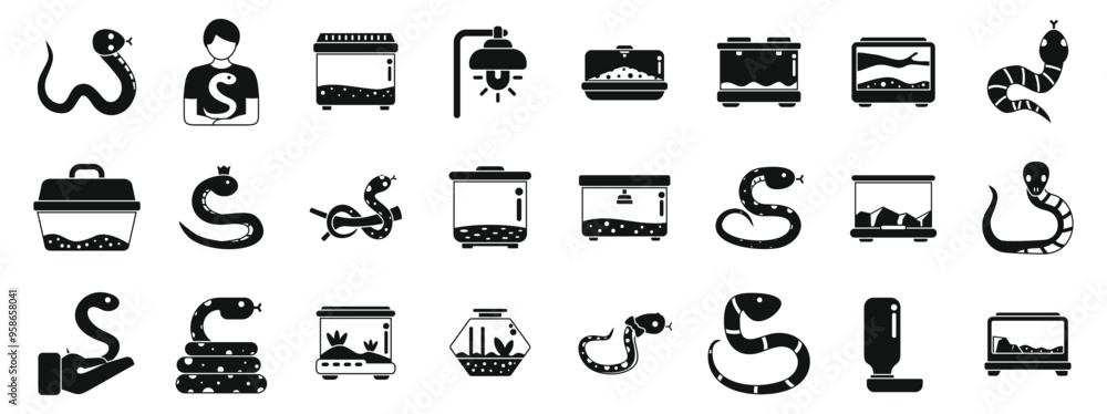 Fototapeta premium Snake pet icons set. Set of black icons representing different species of snakes, snake terrariums, and other equipment used for keeping snakes