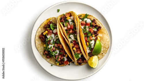 Delicious beef tacos with fresh salsa and lime on a white plate