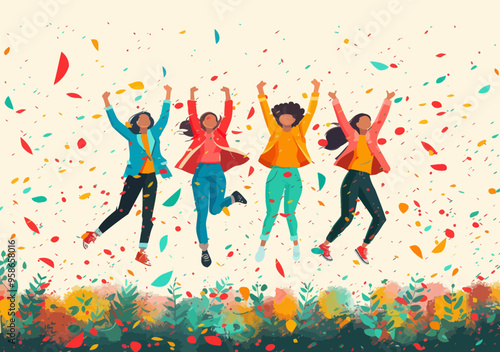 Team Celebrating Project Success with Joyful Jump amidst Colorful Confetti in Minimalistic Vector Illustration, Symbolizing Achievement, Happiness, and Teamwork in a Business Setting