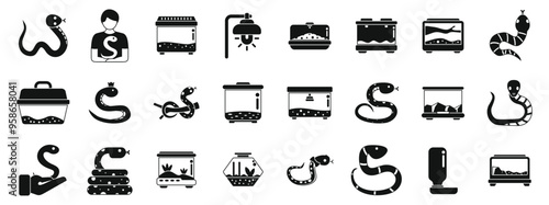 Snake pet icons set. Set of black icons representing different species of snakes, snake terrariums, and other equipment used for keeping snakes
