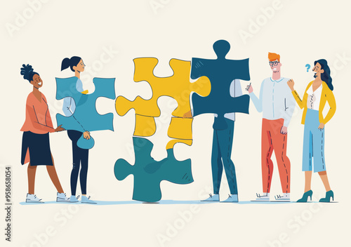 Collaborative Teamwork in Problem Solving with Puzzle Pieces Concept, Diverse Group of People Working Together, Finding Solutions, Minimalistic Vector Illustration, Business and Innovation