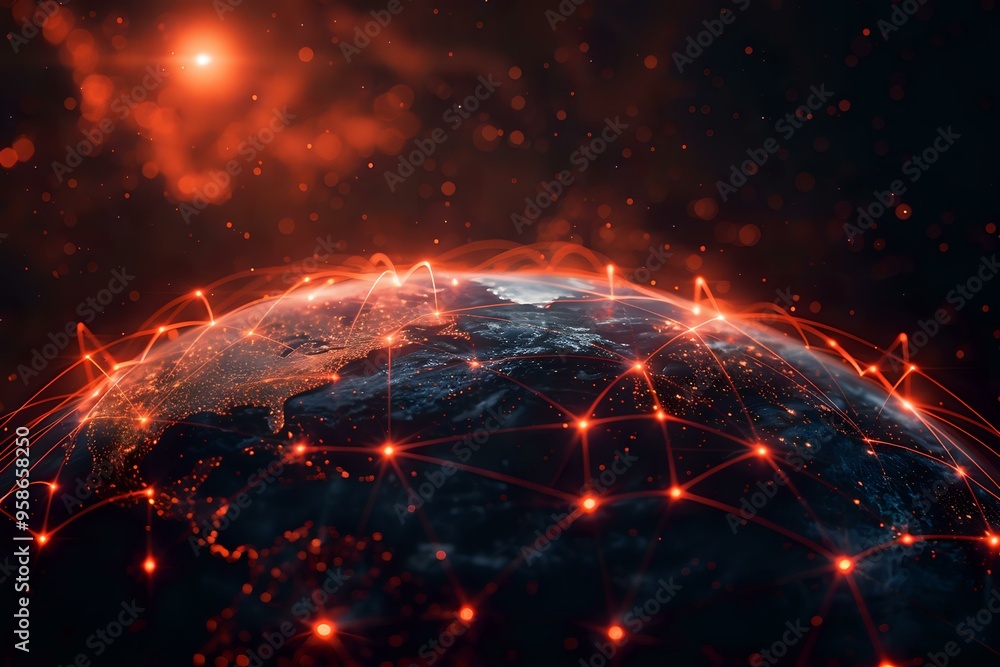 Obraz premium visually striking digital representation of Earth illuminated by interconnected red glowing points, symbolizing global connectivity, communication networks, and technology