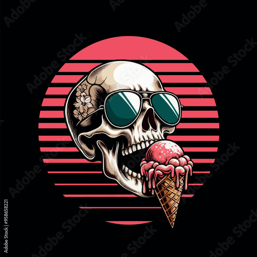funny vector design t-shirt streetwear skeleton eating ice cream