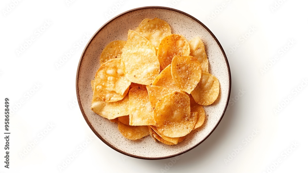 Top view of crispy potato chips in a rustic bowl on white background Top view of crispy potato chips in a rustic bowl on white background