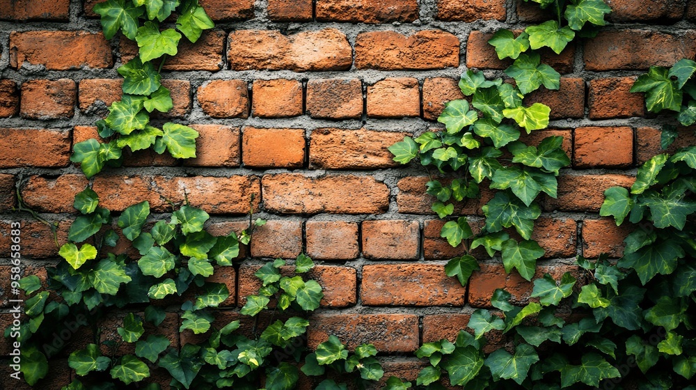 Green Ivy Growing on a Red Brick Wall Green Ivy Growing on a Red Brick Wall