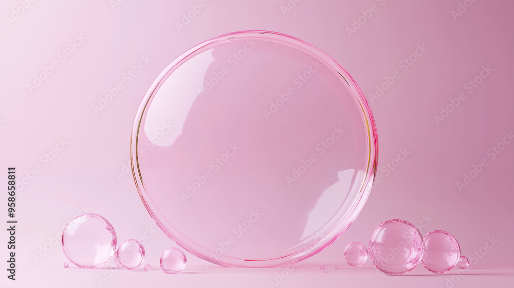 A delicate arrangement of pink glass bubbles against a soft pastel background, showcasing elegance and simplicity in a minimalist style. A delicate arrangement of pink glass bubbles against a soft pastel background, showcasing elegance and simplicity in a minimalist style.
