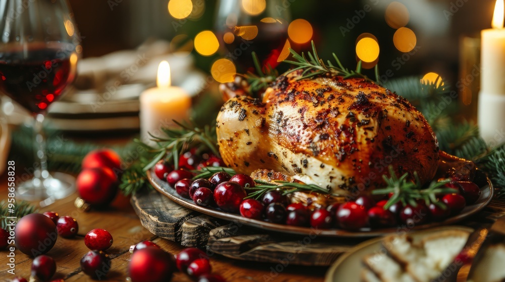 Christmas chicken with thyme and cranberries on a wooden table. Christmas atmosphere. Christmas chicken with thyme and cranberries on a wooden table. Christmas atmosphere.