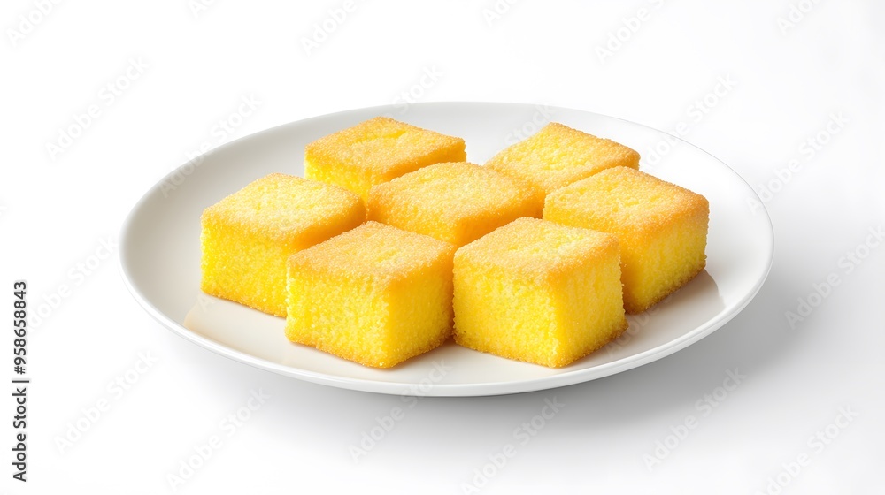 Delicious homemade cornbread squares on a white plate - perfect for breakfast or snacks Delicious homemade cornbread squares on a white plate - perfect for breakfast or snacks