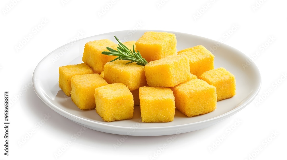 Golden polenta cubes garnished with fresh rosemary on white plate Golden polenta cubes garnished with fresh rosemary on white plate