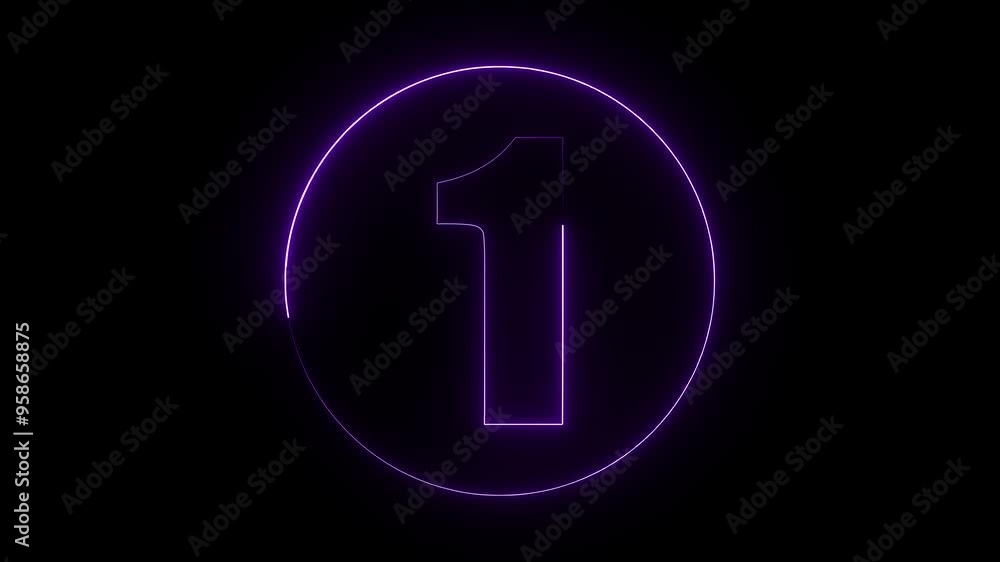 A circle with a purple neon icon on a black background and the text 1 in the middle of it. A circle with a purple neon icon on a black background and the text 1 in the middle of it.