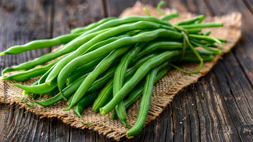 Fresh green beans harvested and arranged on a rustic wooden table Fresh green beans harvested and arranged on a rustic wooden table