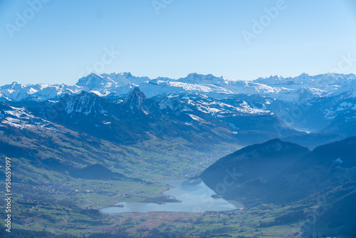 View on Lake Lauerz and Great Mythen from the Mountain Rigi