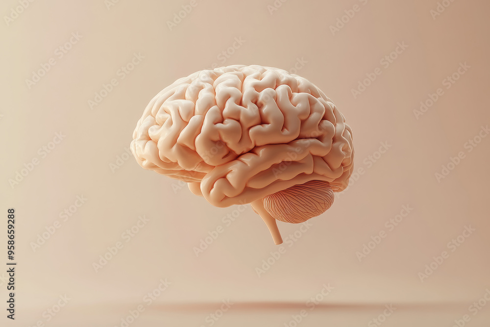 of a floating human brain against a beige background, showcasing intricate details of the brain's structure, ideal for medical and educational content. of a floating human brain against a beige background, showcasing intricate details of the brain's structure, ideal for medical and educational content.