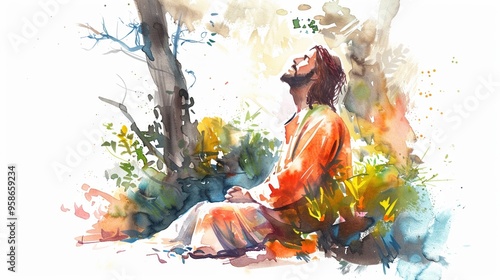 Elegant watercolor of Jesus praying in the Garden of Gethsemane intense and reflective photo