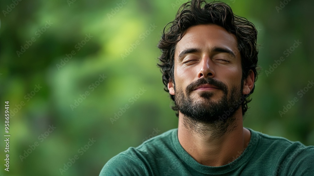 Close-up Portrait of a Man with Eyes Closed, Against a Green Blurred Background Close-up Portrait of a Man with Eyes Closed, Against a Green Blurred Background