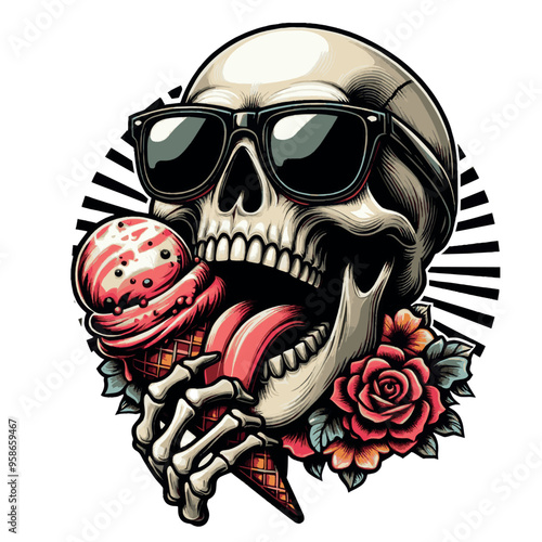 funny vector design t-shirt streetwear skeleton eating ice cream