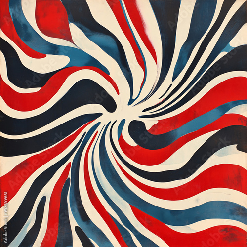 Abstract patterns featuring red, white, and blue stripes with a dynamic design.