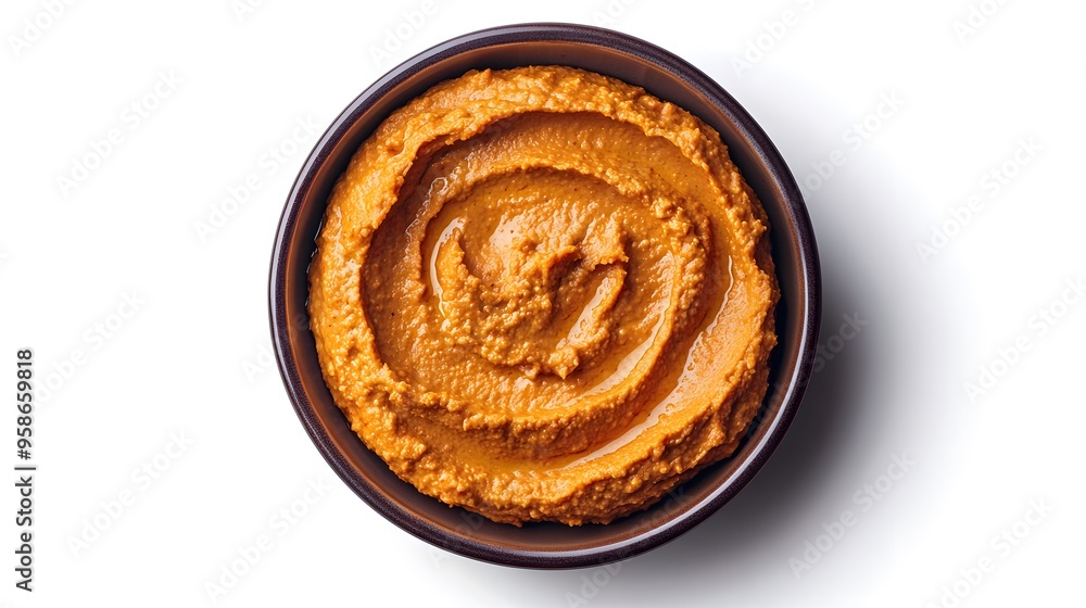 Smooth pumpkin spice hummus in bowl on white background