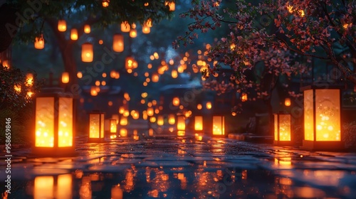 Lanterns on Cobblestone Path.