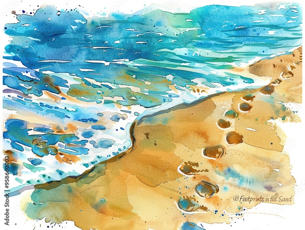 Watercolor clipart of Jesus footprints in the sand invoking the Watercolor clipart of Jesus footprints in the sand invoking the