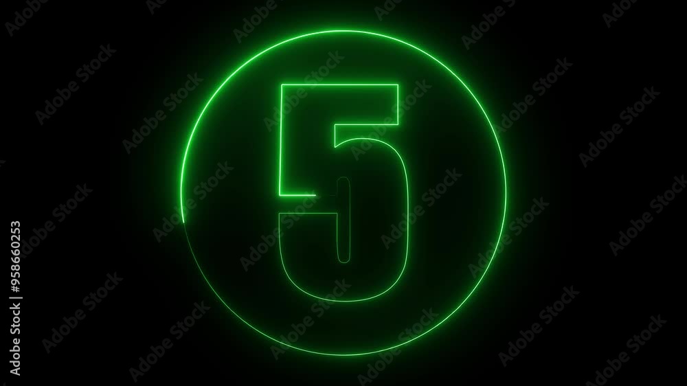 A circle with a green neon icon on a black background and the text 5 in the middle of it. A circle with a green neon icon on a black background and the text 5 in the middle of it.