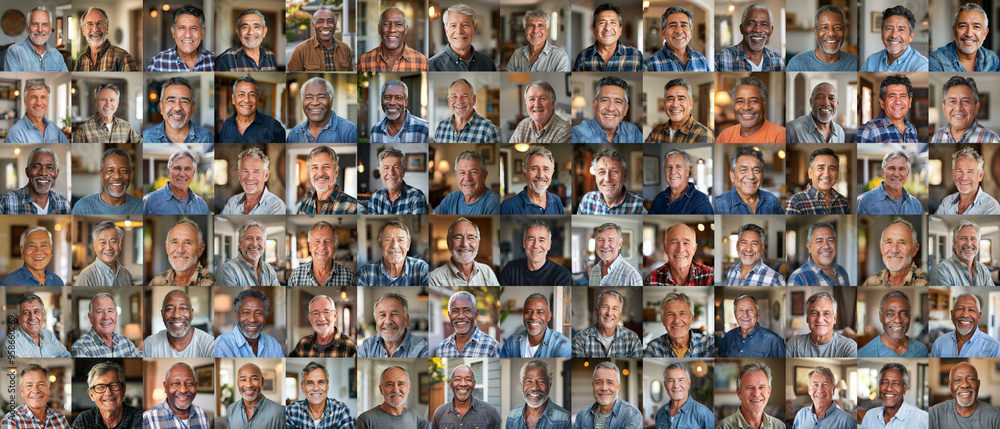© Mechastock - People - Retired Men - a grid of 84 unique square headshots of a variety of diverse, smiling, friendly mature older men in a casual home setting - 88MP XXXL