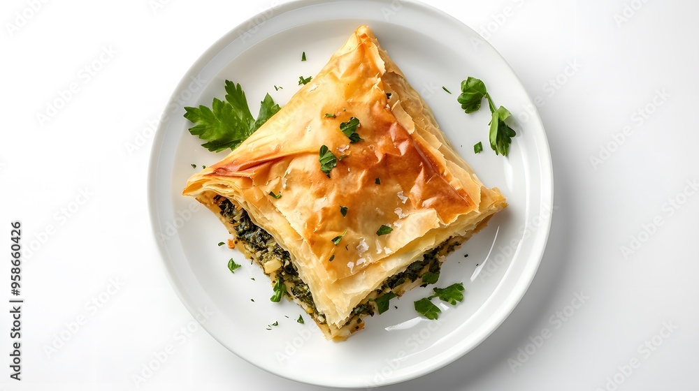 Golden triangle of spinach and feta pie with fresh herbs on a white plate Golden triangle of spinach and feta pie with fresh herbs on a white plate
