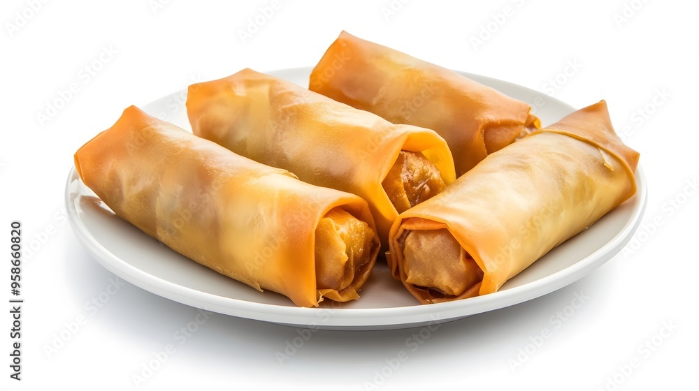Delicious golden spring rolls on a white plate - perfect for asian cuisine lovers Delicious golden spring rolls on a white plate - perfect for asian cuisine lovers
